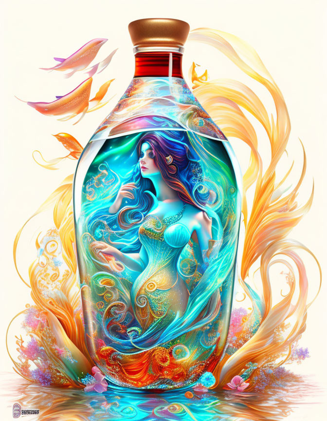 Colorful Mermaid Illustration in Decorative Bottle with Flowing Patterns and Fish in Ethereal Amb