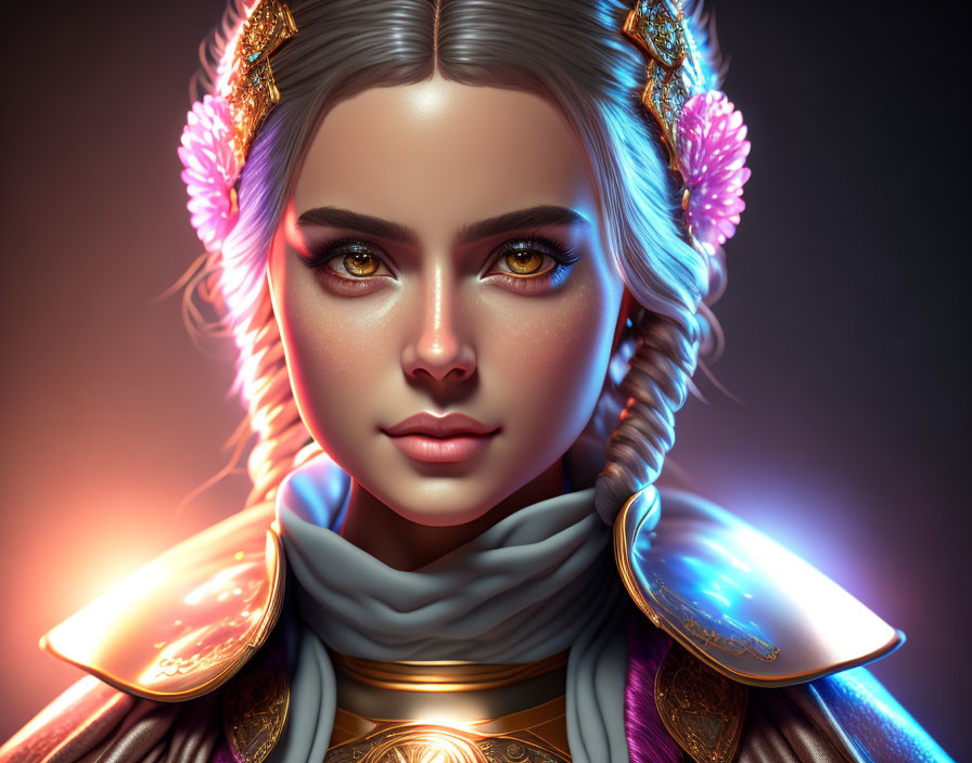Digital portrait of a woman in golden armor with braided hair and glowing accents