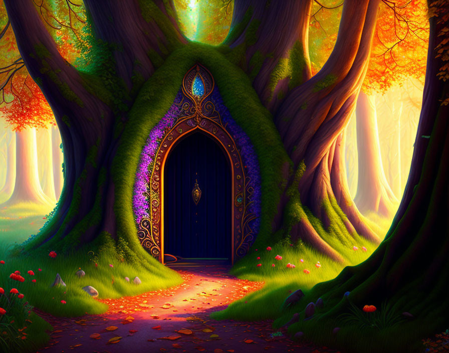 Enchanted fantasy forest with large mystical tree and blue door