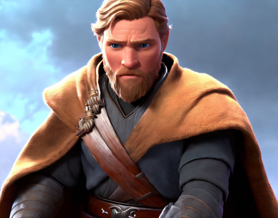Bearded character with blue eyes in brown cloak and grey tunic