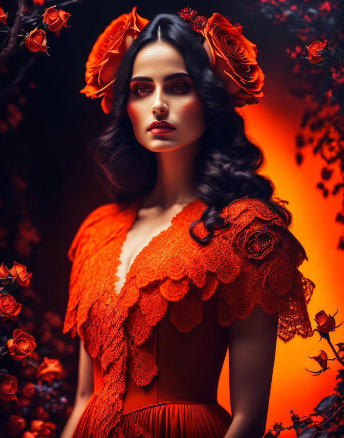 Dark-Haired Woman in Lace Dress with Orange Roses in Floral Setting