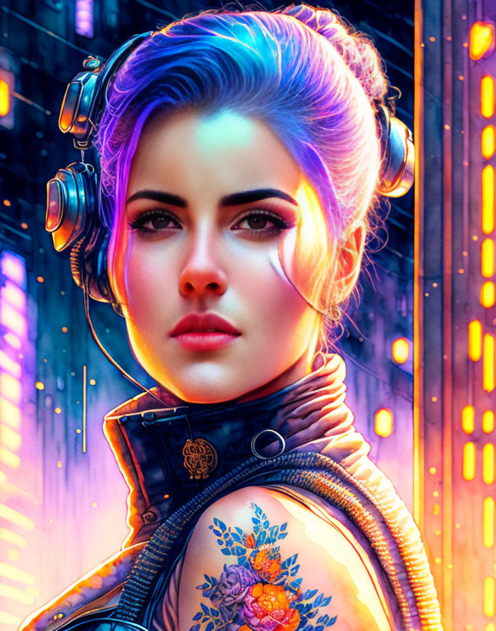 Vibrant Blue and Purple Hair Woman Illustration with Futuristic Outfit