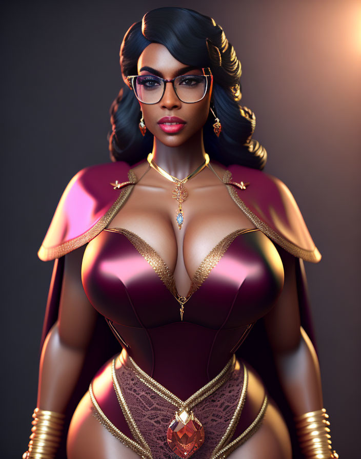 Stylized 3D illustration of woman in burgundy outfit with glasses