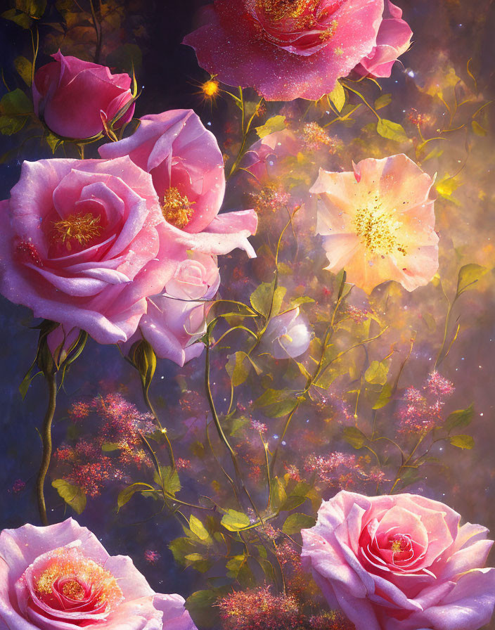 Pink Roses with Dewdrops on Celestial Background