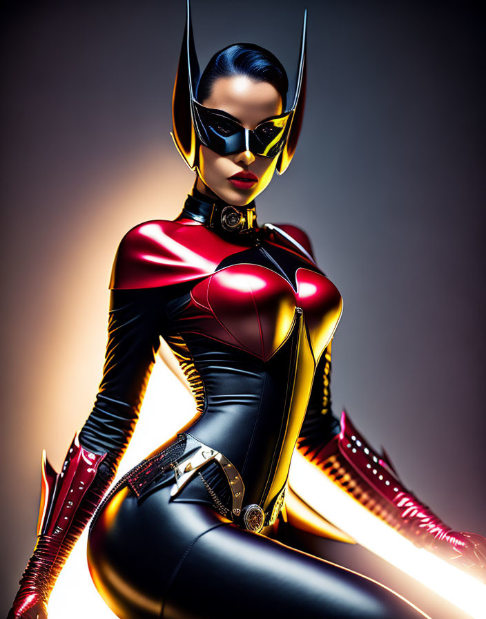 Woman in red and black superhero costume with pointed ears and cape