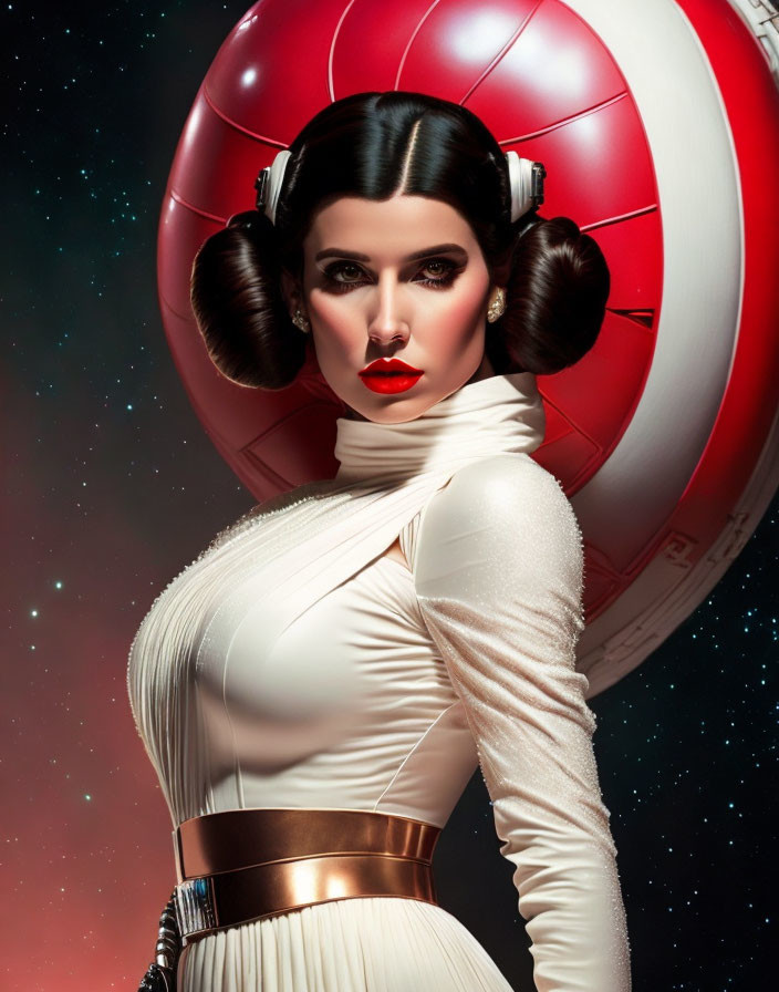 Stylized portrait of woman with twin buns in futuristic white outfit