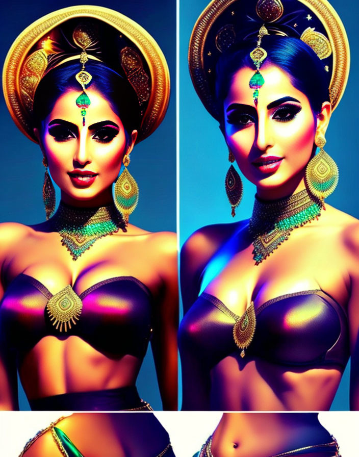 Artistic representations of women in traditional Indian jewelry on vivid blue background