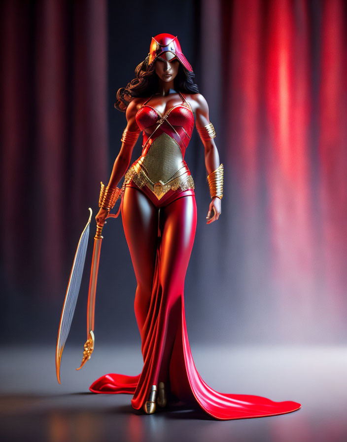 Wonder Woman figurine with sword and lasso against red curtain