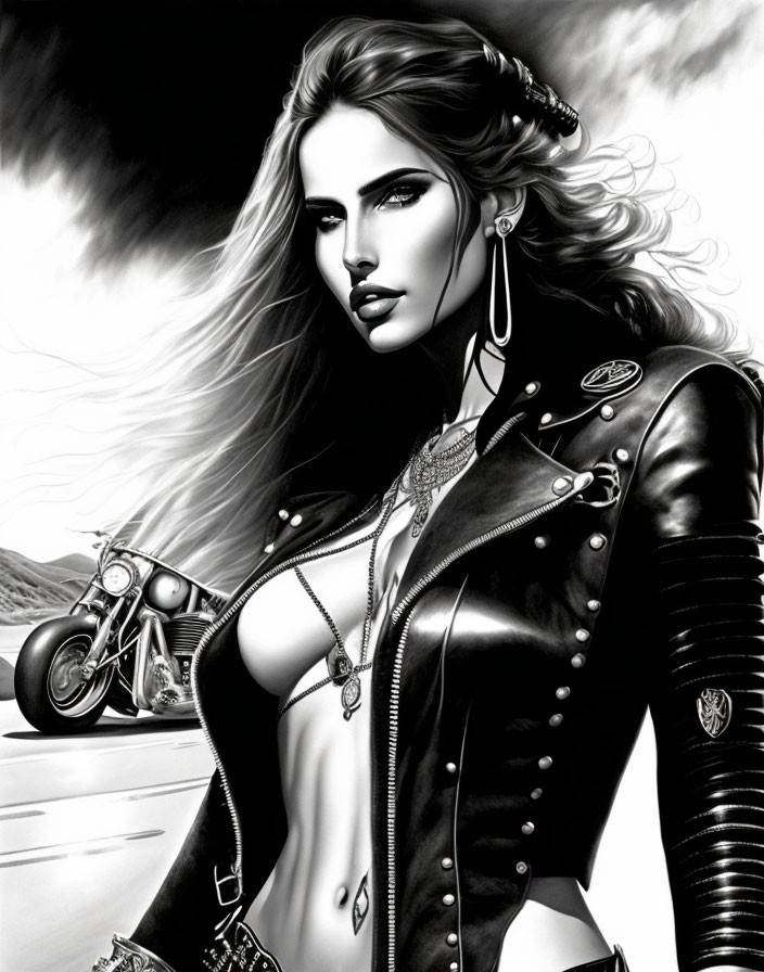 Monochrome illustration of a woman in leather jacket with motorcycle