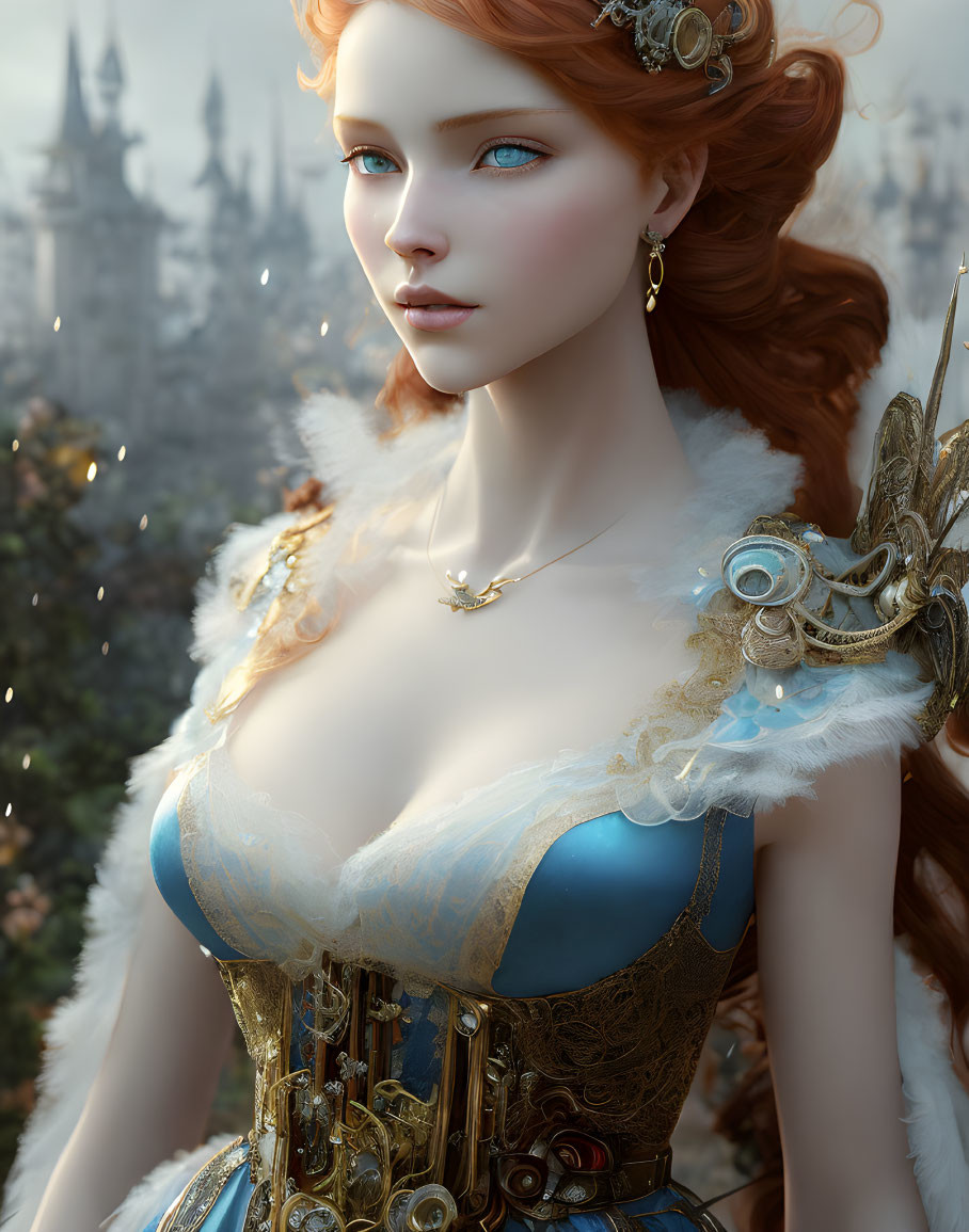 Fantasy digital art: Red-haired female character in gold and blue attire.