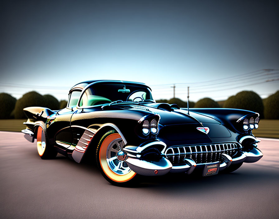 Vintage Black Car with Fins and Chrome Details on Open Road at Sunset