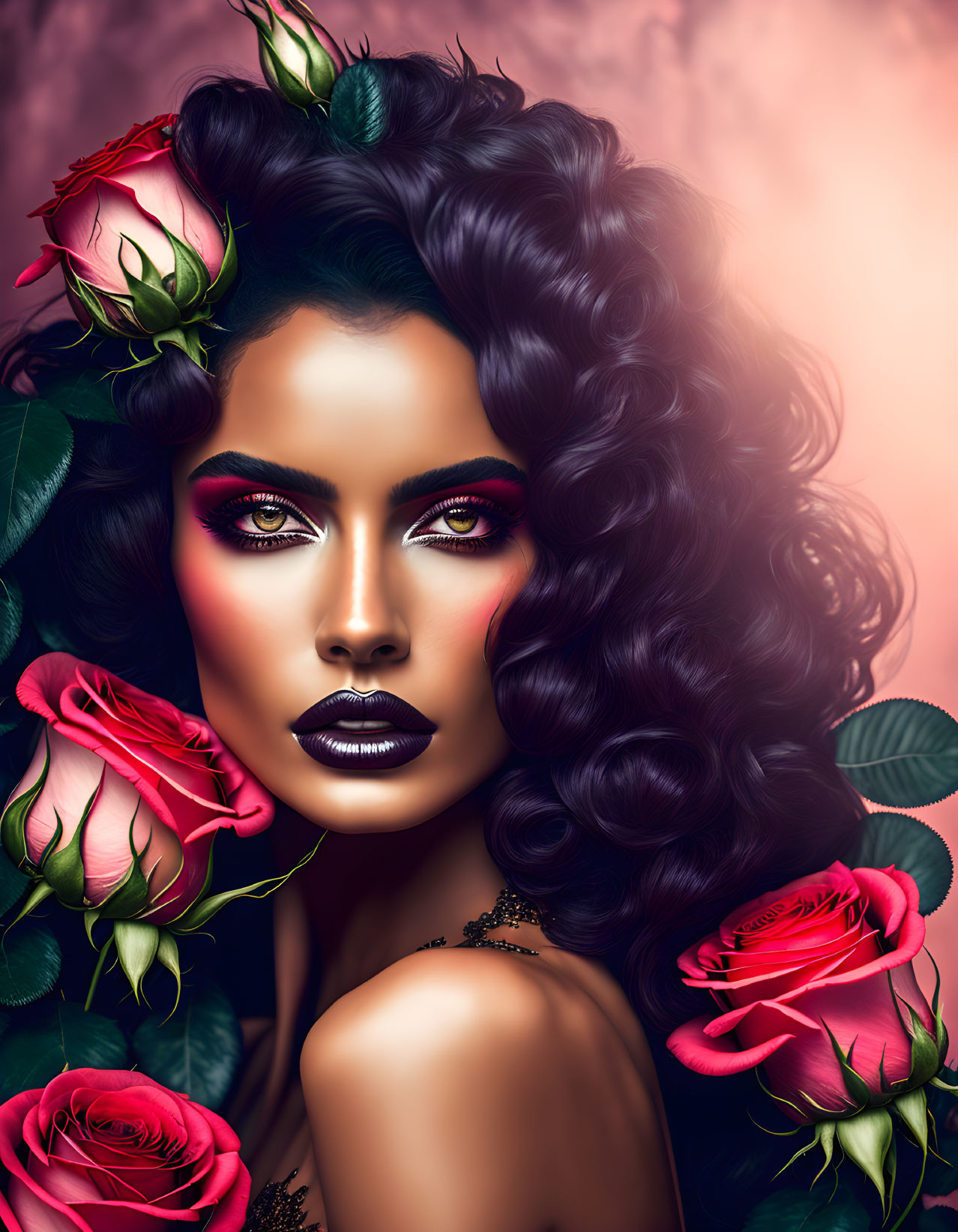 Digital artwork: Woman with curly hair and roses, dramatic makeup on pink backdrop