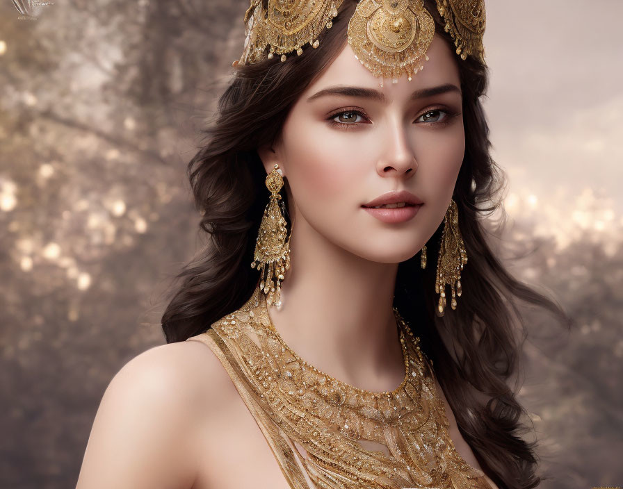 Intricate golden jewelry adorns woman gazing left