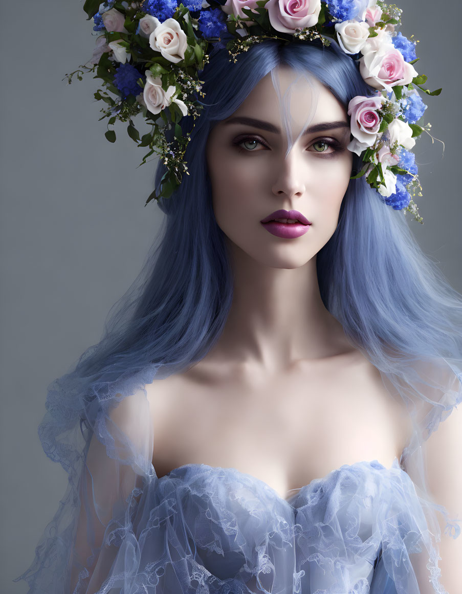 Blue-haired woman with floral wreath in sheer blue garment on grey background