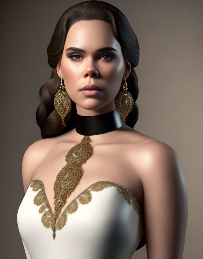 Digital portrait of woman with sleek hair, prominent earrings, and elegant dress with gold embroidery.