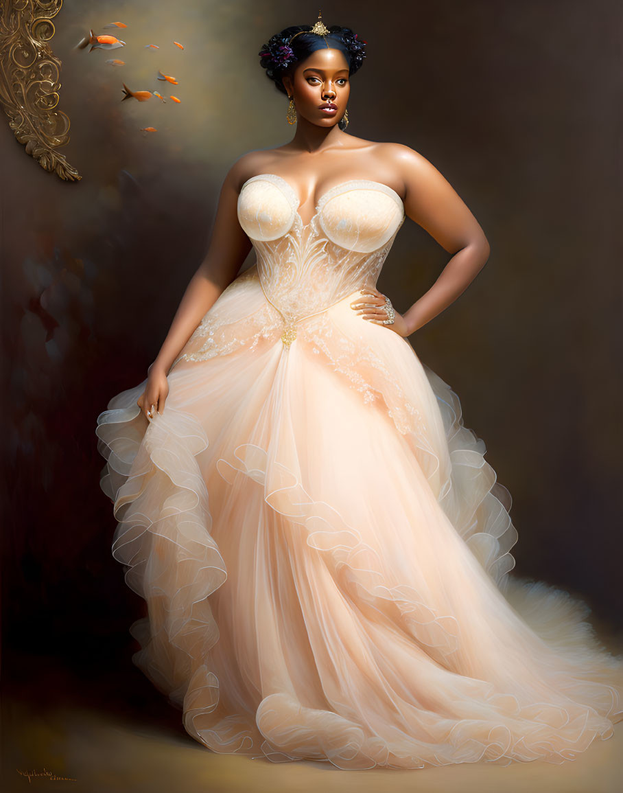 Elegant Woman in Peach Ballgown with Gold Embroidery and Ethereal Goldfish