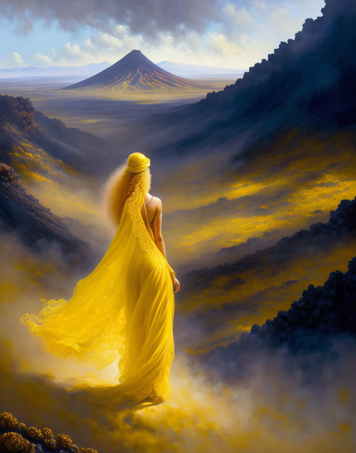 Woman in Yellow Dress Contemplates Volcanic Landscape