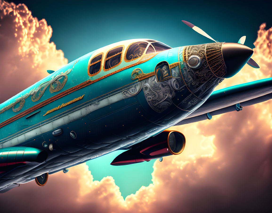 Colorful illustration of a turquoise propeller airplane with golden designs flying through fiery clouds