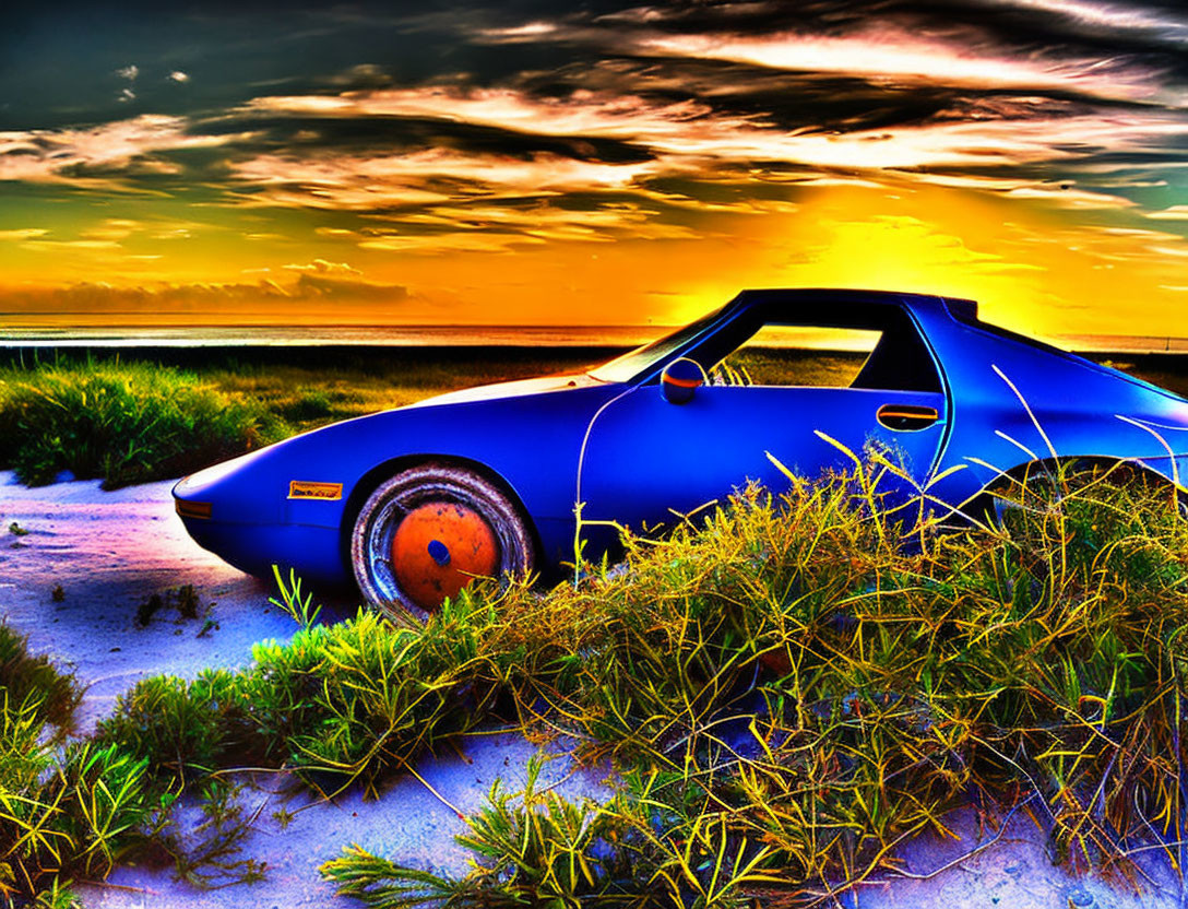 Vintage blue car on beach with lush greenery and sunset sky