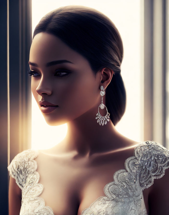 Elegant woman in white dress with lace details and chandelier earrings by window