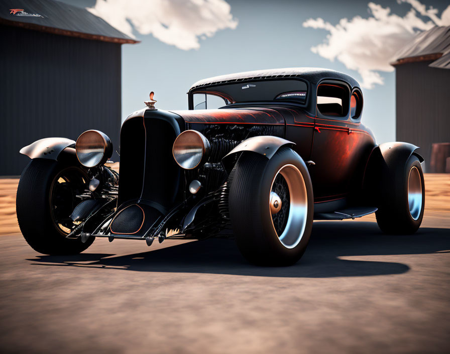 Customized Black Hot Rod with Large Rear Wheels and Chrome Accents parked between Two Barns