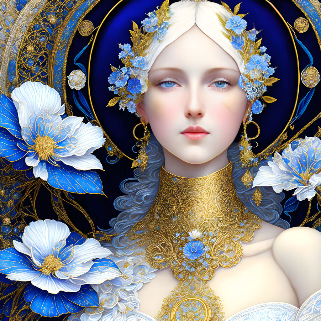 Portrait of woman with golden jewelry and blue flowers on cobalt background