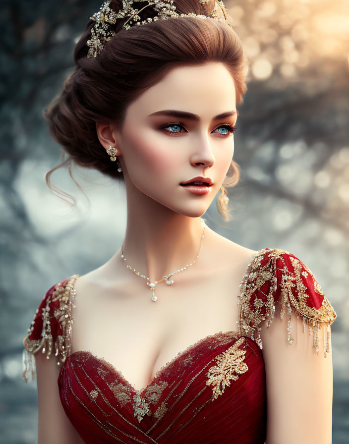 Elegant individual in red gown with intricate crown and jewelry