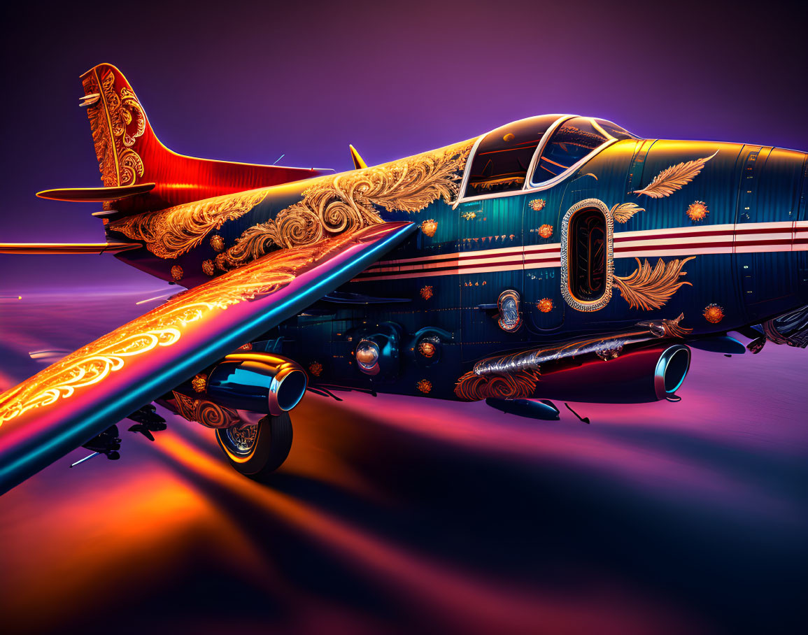 Luxuriously decorated private jet with golden patterns on blue background under purple lighting