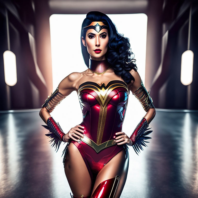 Woman in Wonder Woman costume in futuristic corridor