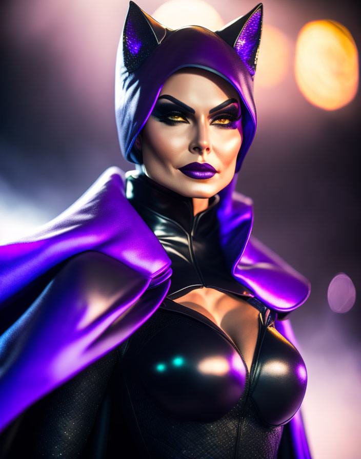 Stylized portrait of a Catwoman-like character with sharp ears and purple accents