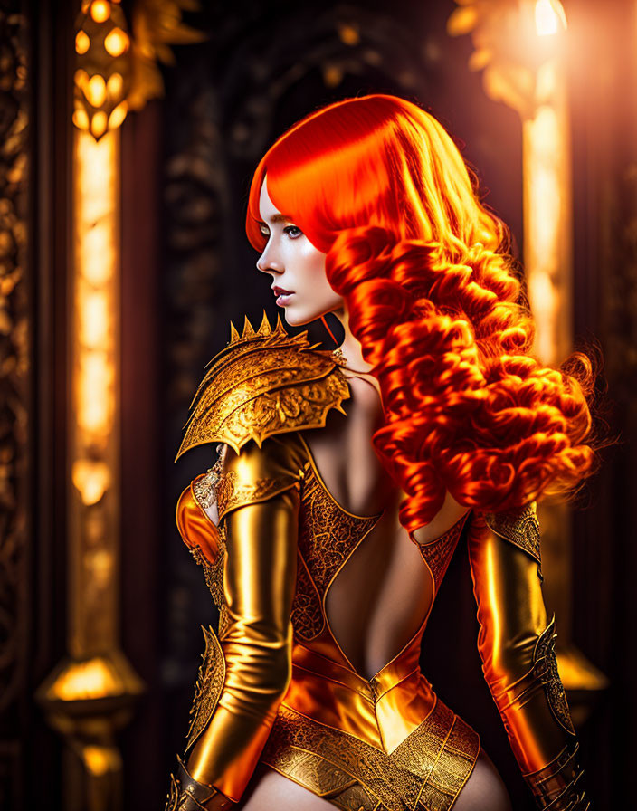 Vibrant red-haired woman in golden armor by candlelight