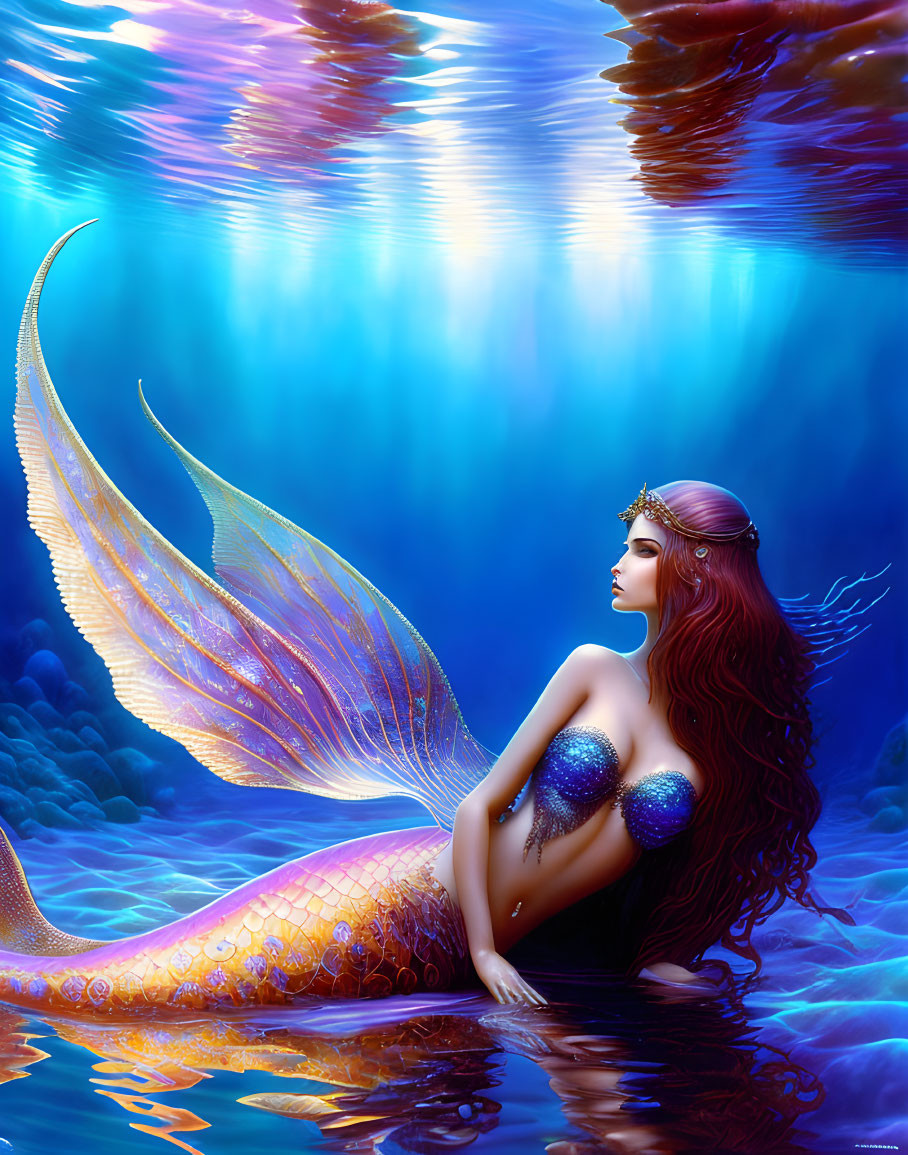 Red-haired mermaid with golden tail in deep blue sea