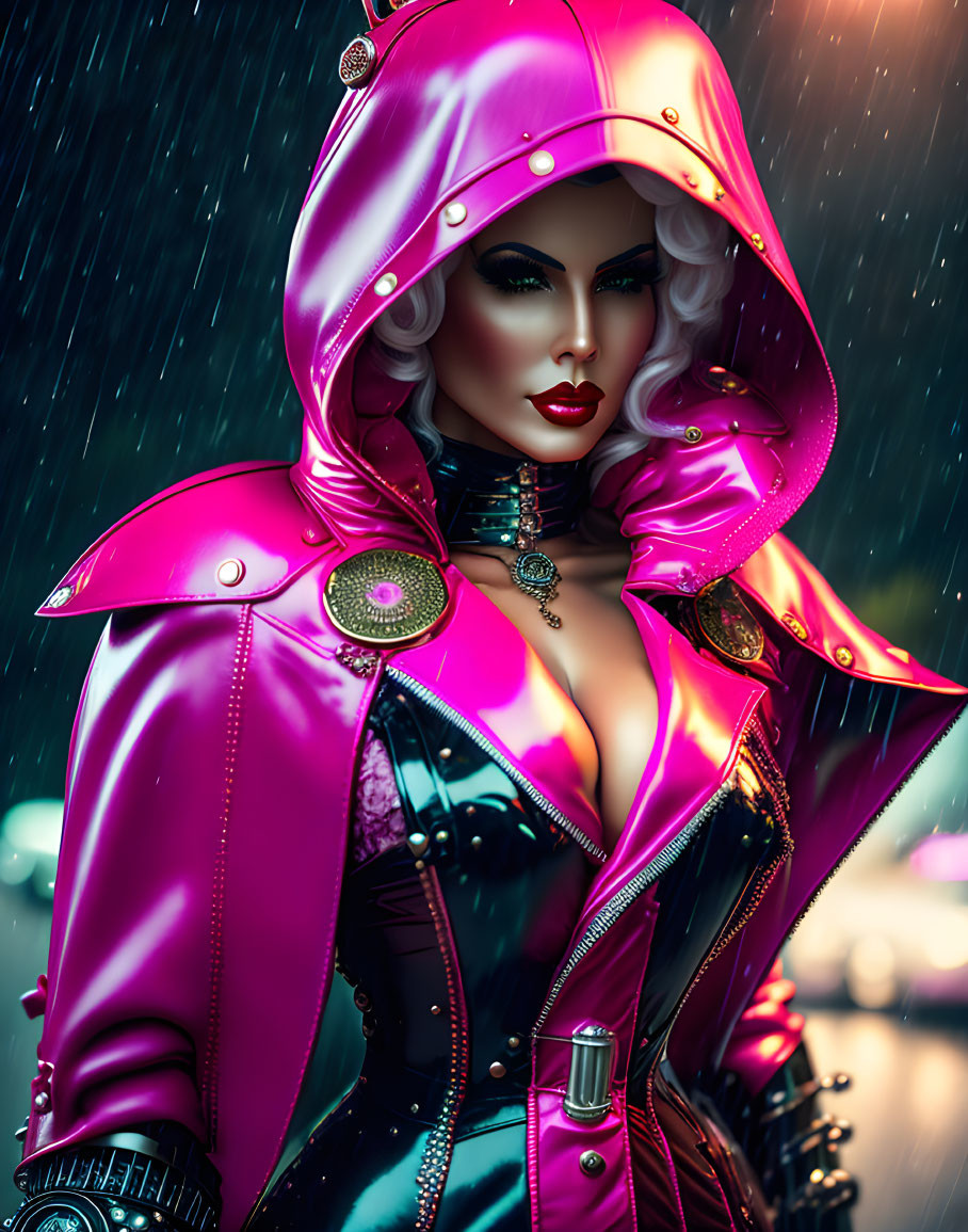 Vibrant woman in futuristic pink outfit with makeup in stylized image