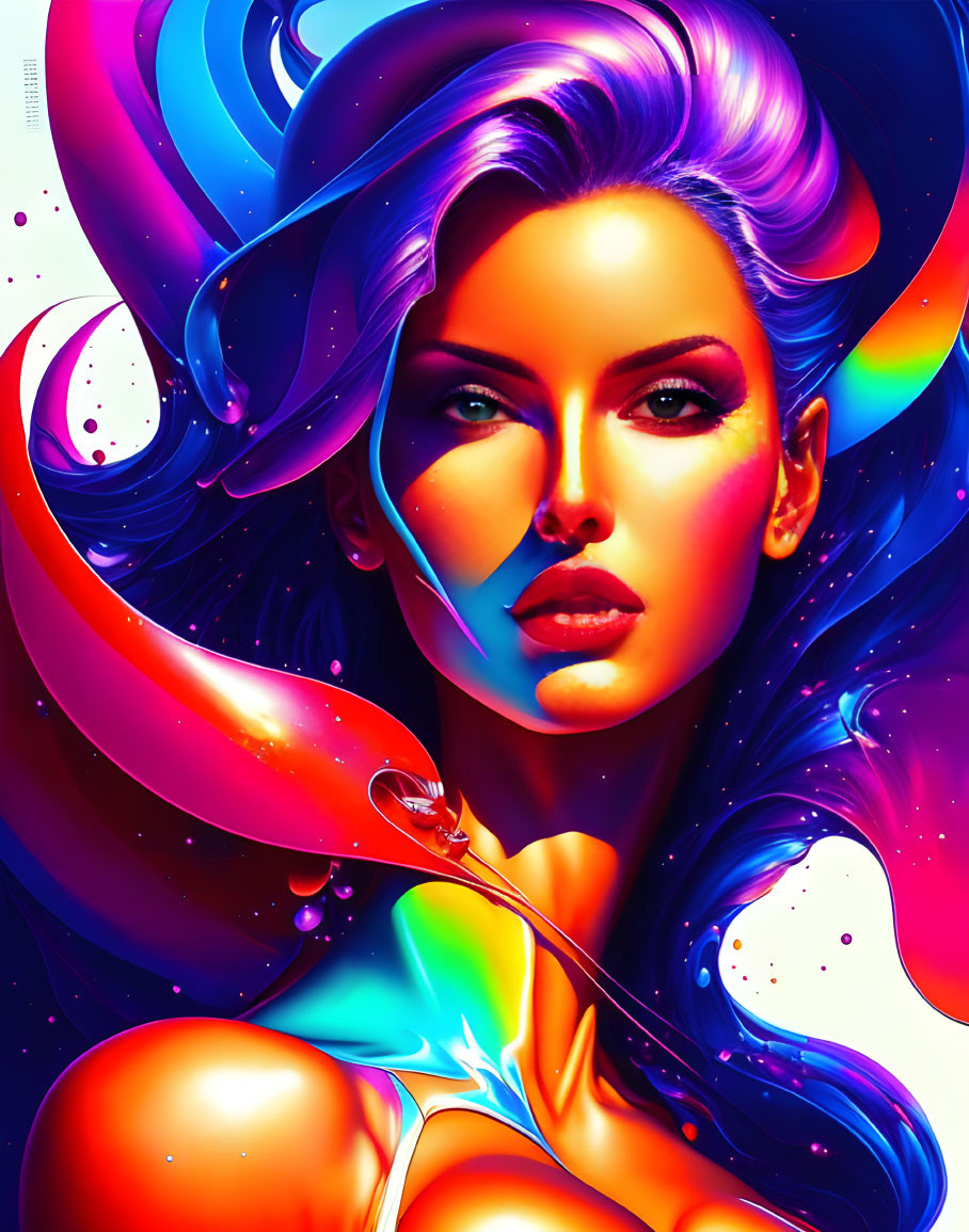 Colorful digital artwork: Woman with multicolored hair and blue eyes