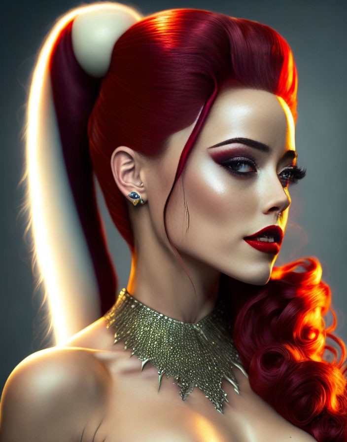 Detailed Illustration: Woman with Red Hair, Bold Makeup & Gold Necklace