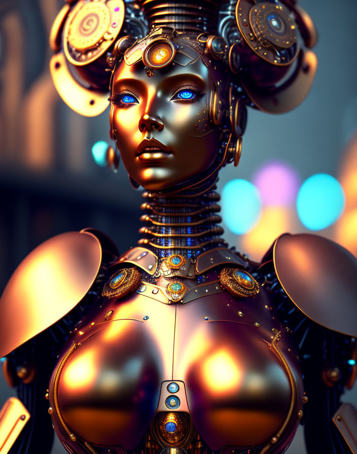 Detailed Futuristic Robotic Figure with Human-like Face and Blue Eyes