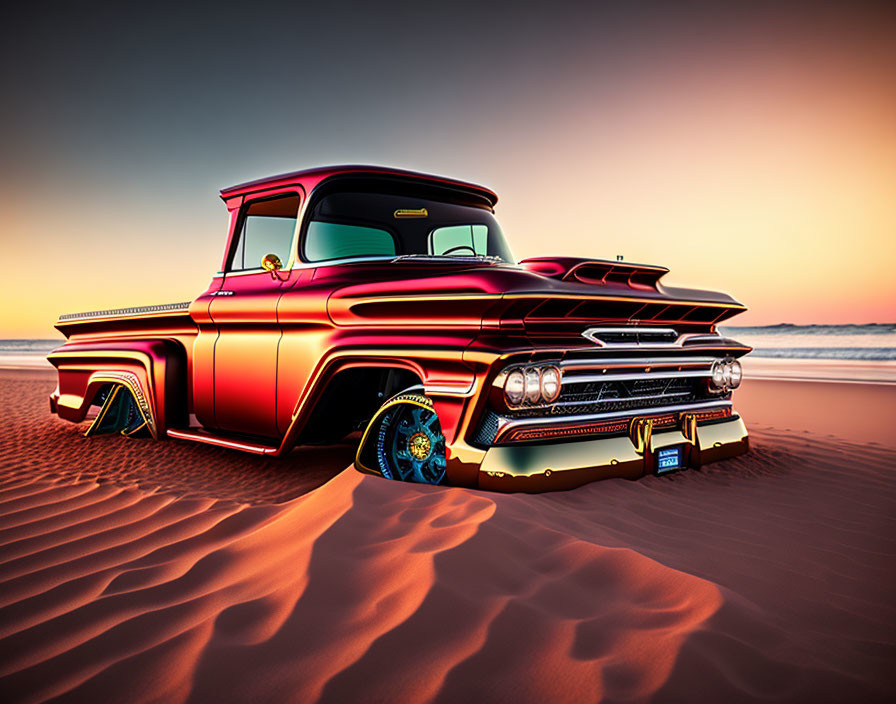 Customized Pickup Truck with Glossy Finish and Elaborate Paint Details on Sandy Beach at Sunset