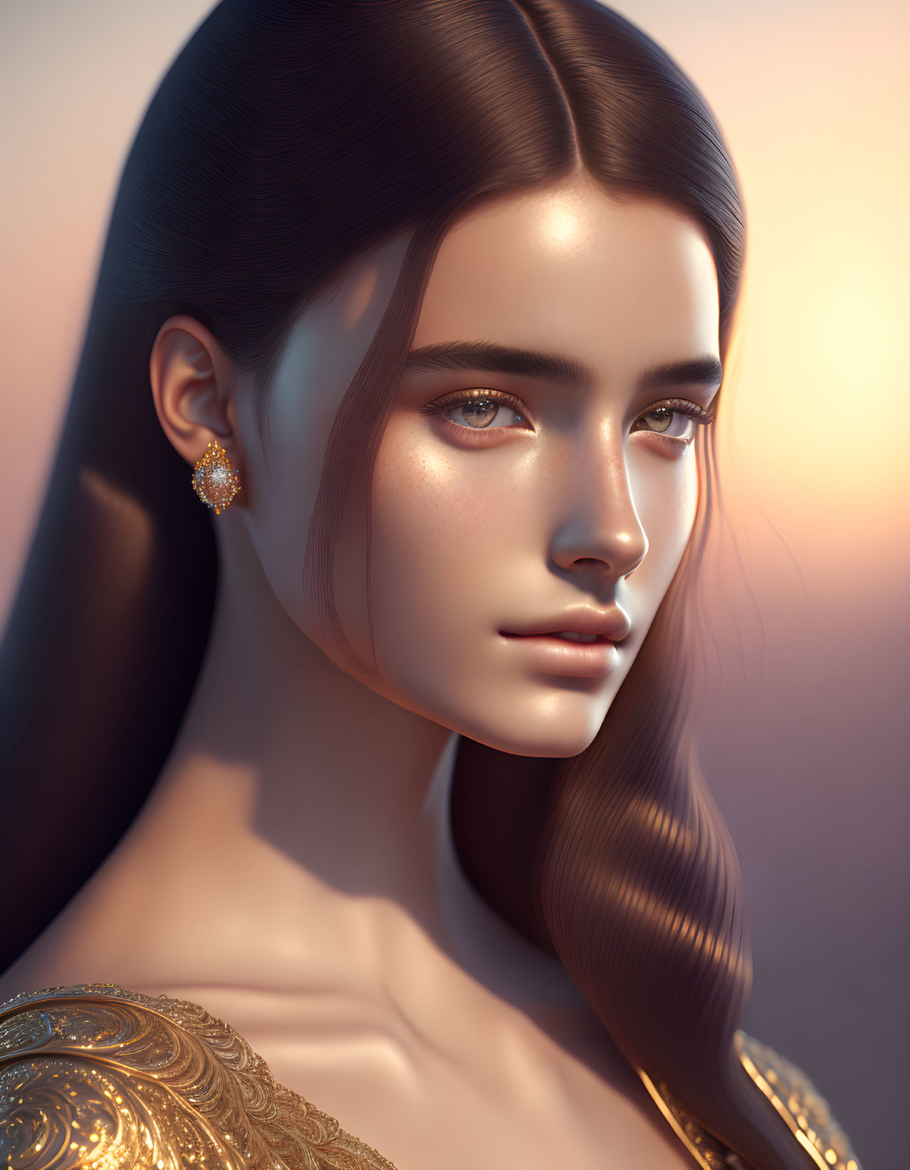 Detailed digital portrait of a woman with lustrous brown hair and elegant gold earrings