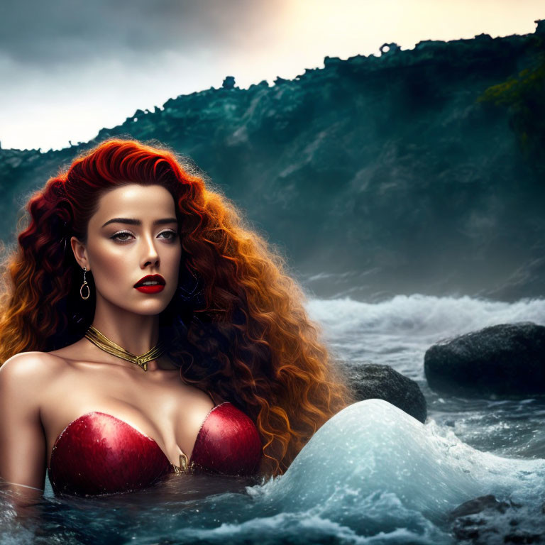 Red-haired woman in seashell top emerges from sea against rocky cliffs and waves