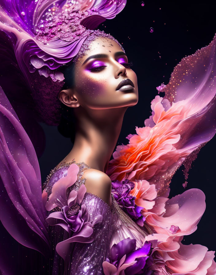 Surreal portrait of woman with vibrant floral elements and glitter