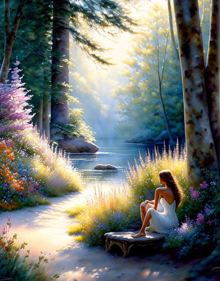 Tranquil painting of woman by forest stream