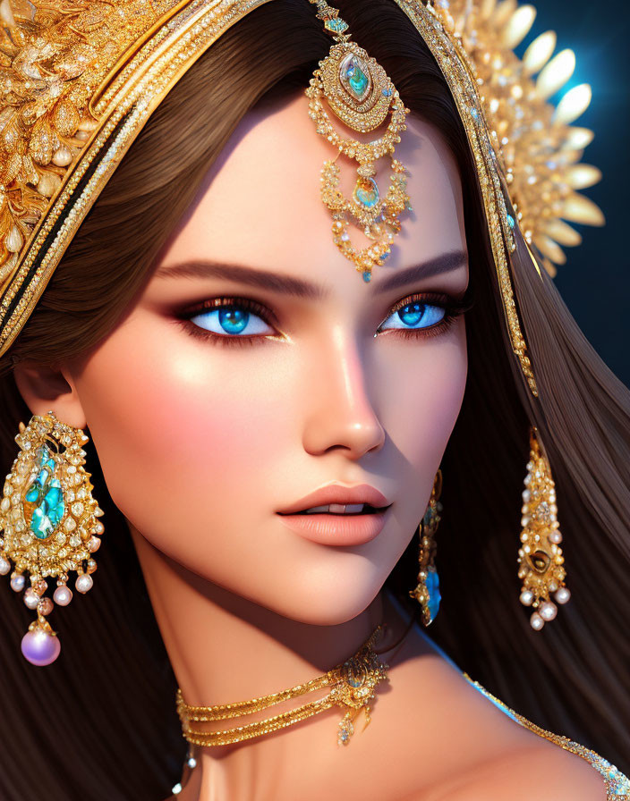 Close-up of 3D-rendered woman with blue eyes and ornate gold jewelry