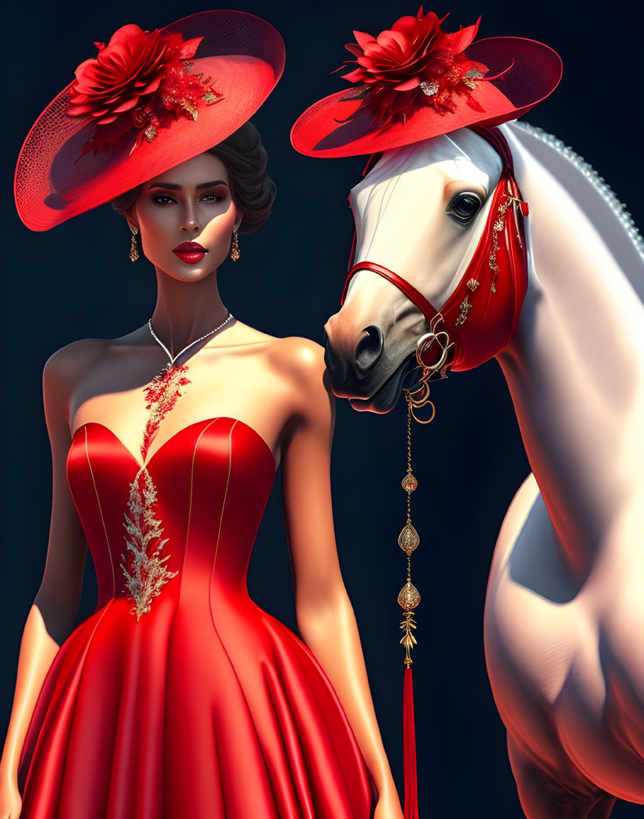 Woman in Red Dress with Flower Hat Beside White Horse