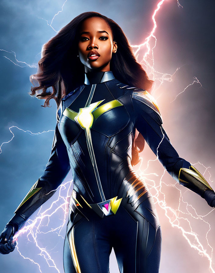 Female superhero in blue suit with star emblem and lightning background