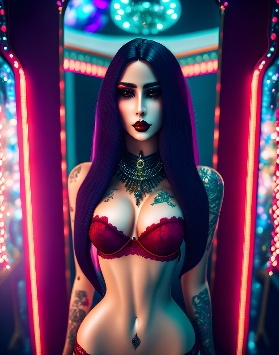 Digital illustration: Woman with black hair, tattoos, red lingerie, neon lights