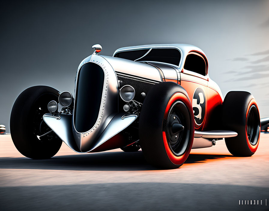 Vintage Race Car with Silver and Red Design on Track at Sunset