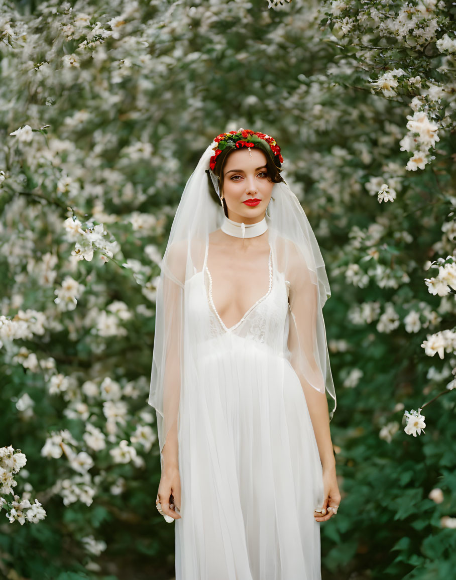 Bride in white dress and veil with floral headpiece among blooming flowers