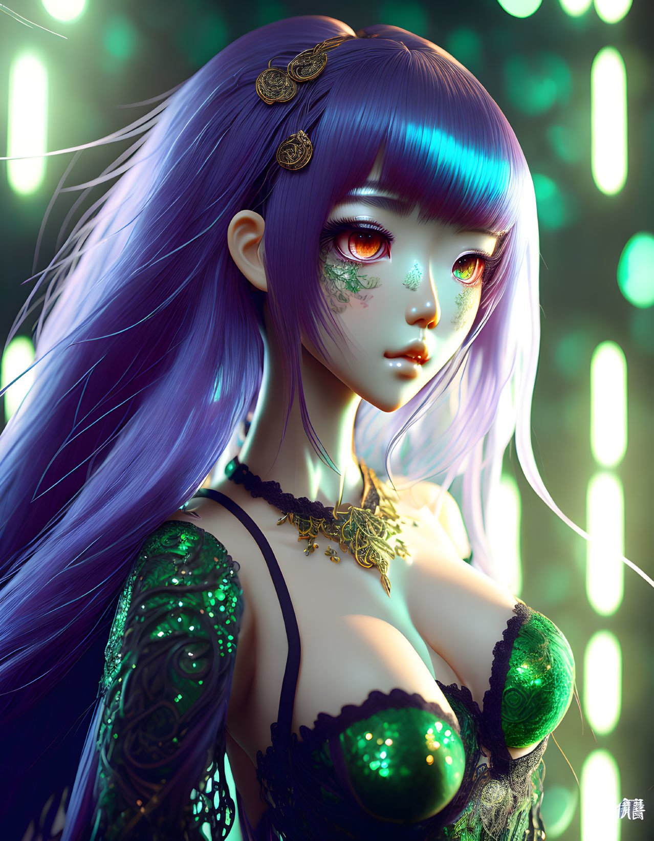 Digital artwork: Female character with purple hair, gold accessories, green eyes, and glowing lights