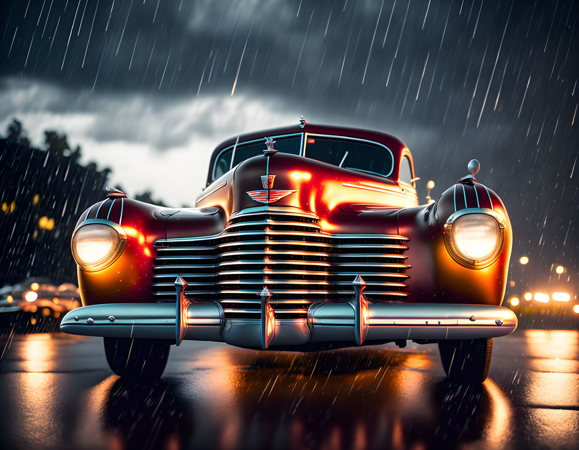 Vintage Red Car Parked on Wet Road at Night in Rainy Scene