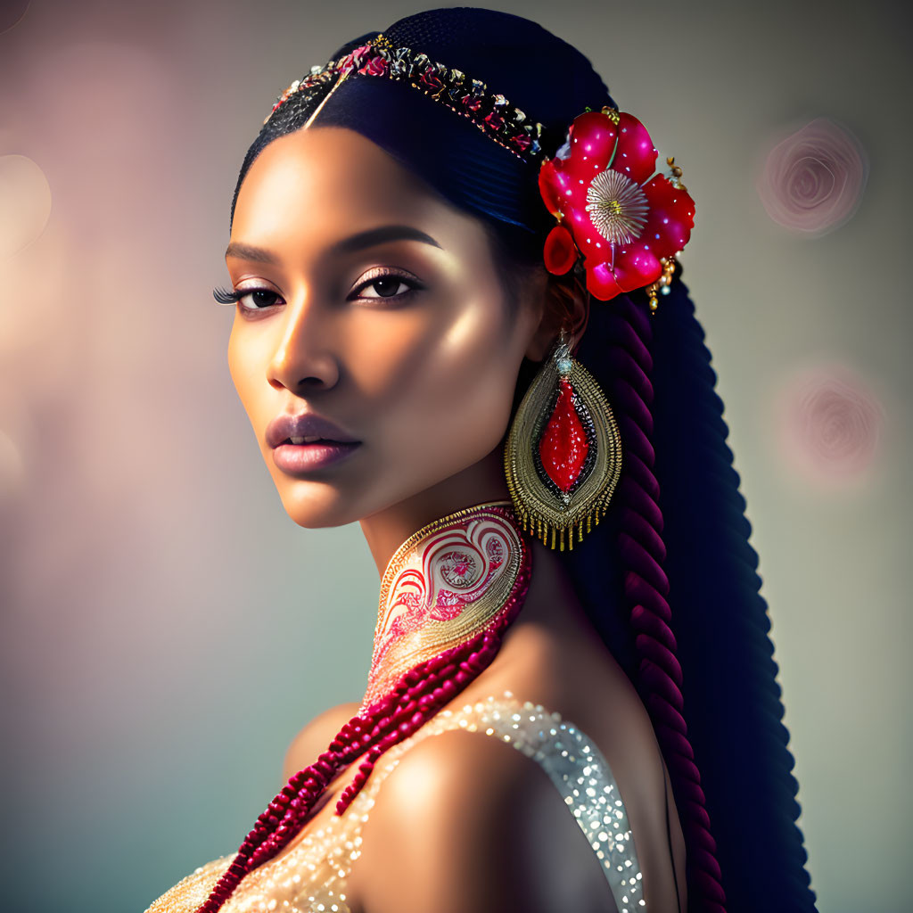 Braided Hair Woman with Floral Accessory and Face Paint